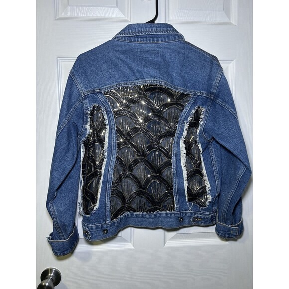 Monte Carlo Heavy Construction Women’s Sequins & Lace Denim Jacket Size Medium - Picture 1 of 8